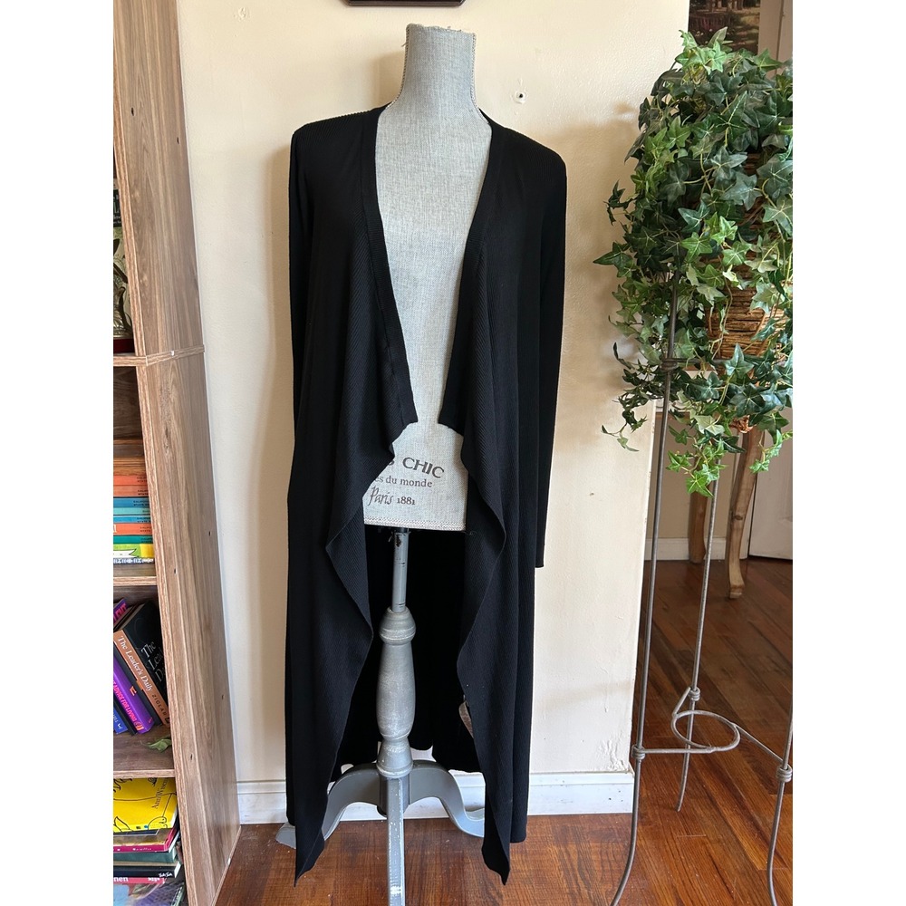 White House Black Market Long Cardigan Sweater Womens Medium Black Ribbed Draped